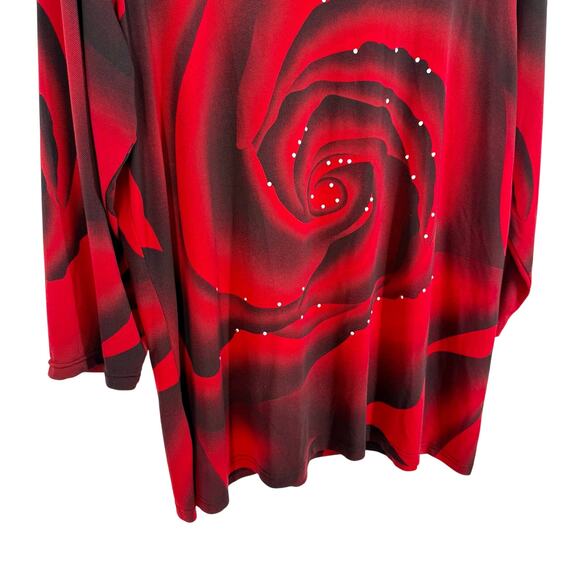 MULTIPLES Plus Size 1X Wearable Art Red Rose Stretchy Blouse Shirt Top Christmas - Picture 4 of 7